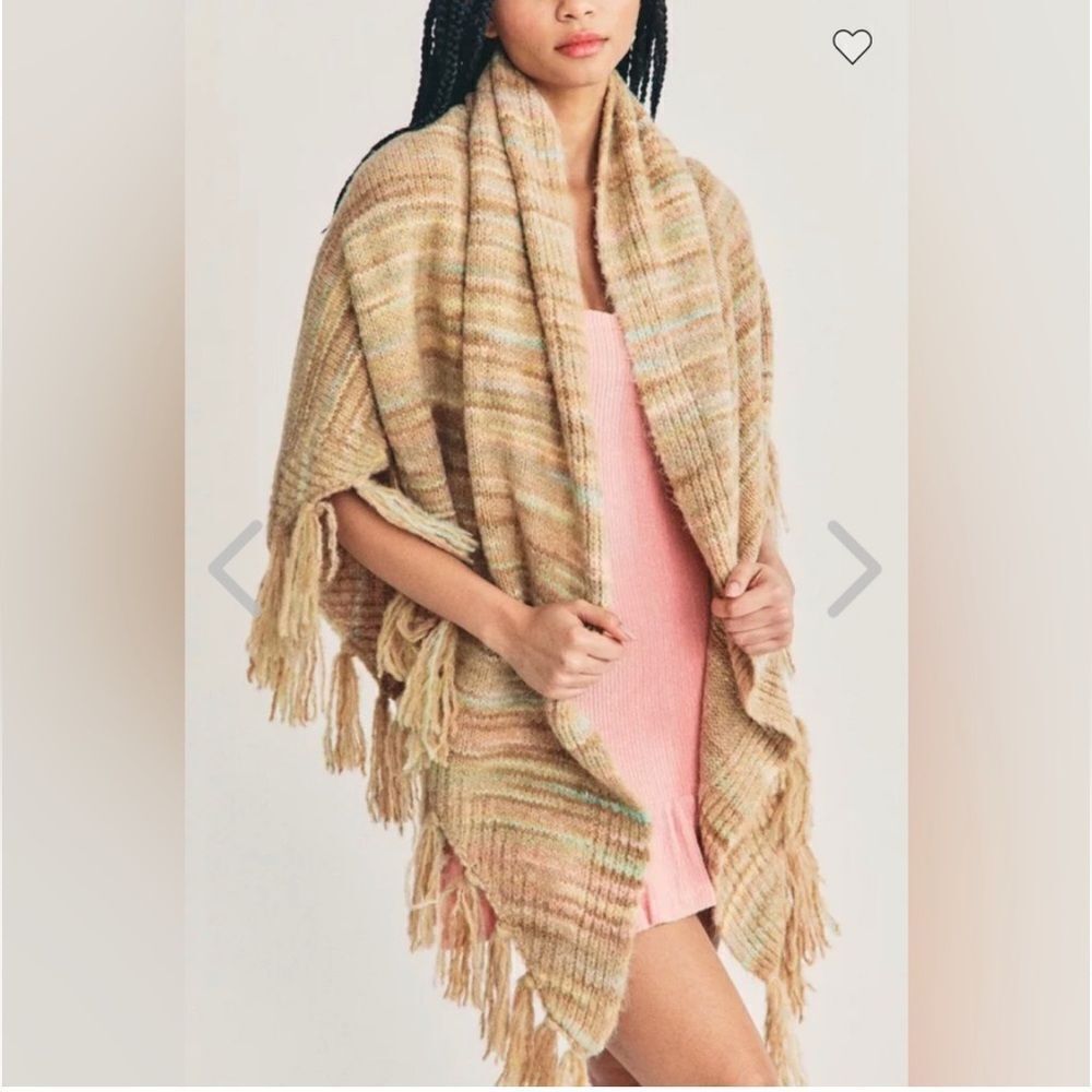 LoveShackFancy Fresca Shawl Wool Blend  Knit Poncho Wrap Light Colors One Sz NWT
